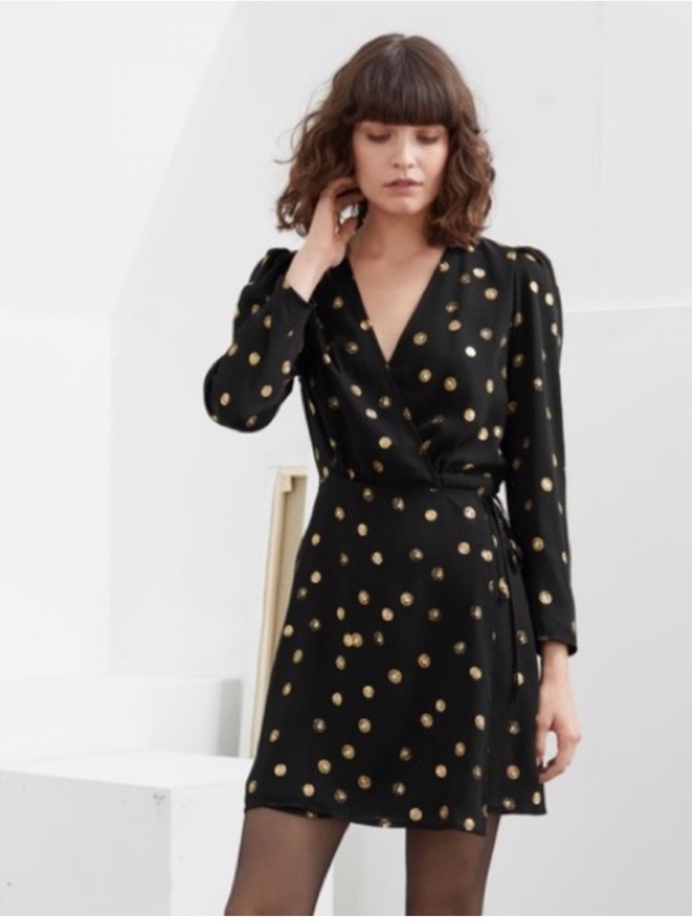 Black Wrap Dress with Gold Polk Dots Other Stories